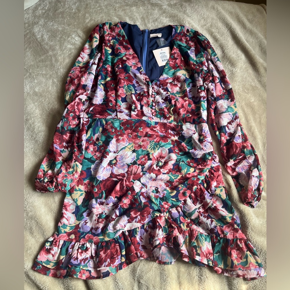 Showpo Fall Floral Ruched and Ruffled Long-Sleeved Mini Dress - Size 14 - NWT
